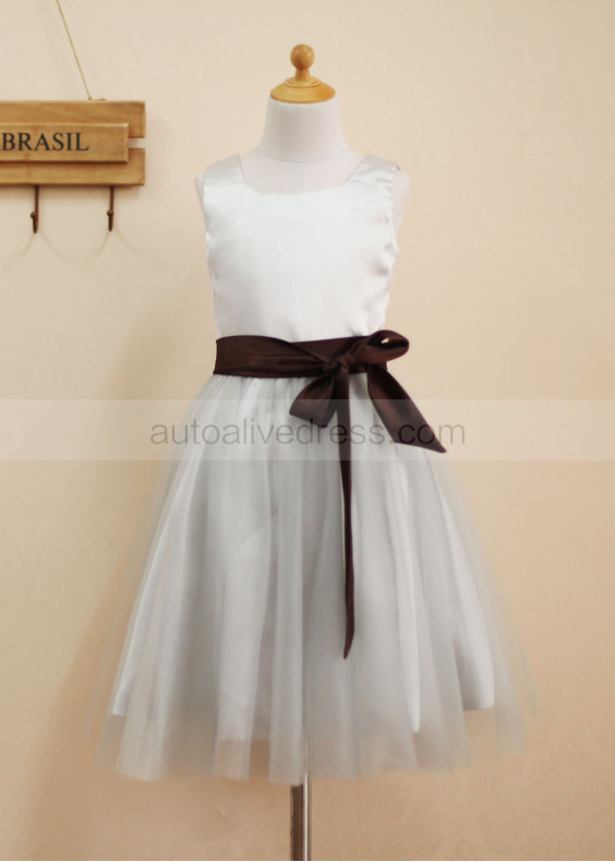 Silver Grey Satin Tulle Flower Girl Dress 
